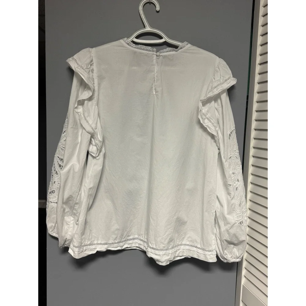 J.Crew‎ White Cotton Lace Trim Ruffle Sleeve Broderie Anglaise Blouse Top M